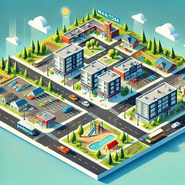 Interactive isometric map of a typical Manitoba neighborhood showing apartment buildings, parks, schools, transit stops, and grocery stores.